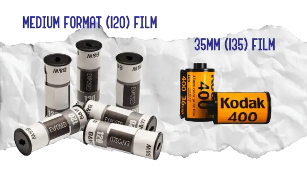 A roll of Kodak 400 35mm film sits next to several exposed medium format 120 film rolls, showing what 35mm film looks like.