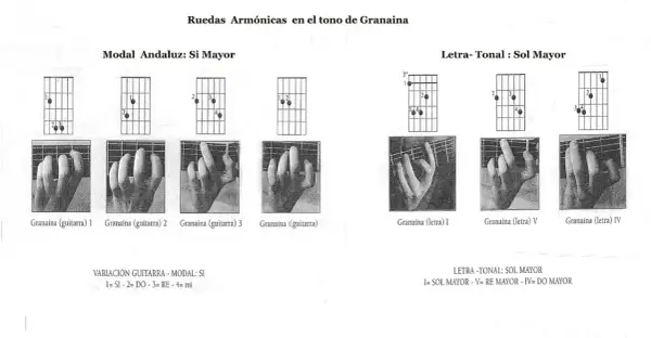Diagramas de acordes y posiciones de dedos para la guitarra en el tono de **la granaina**, mostrando variaciones modales y tonales.