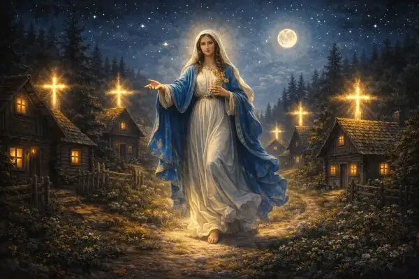 Nocna wizja: Matka Boska w bieli i błękicie, z krzyżem, idzie przez wieś. W tle księżyc, gwiazdy i krzyże nad domami. Jak pieśń czarna madonna - tekst.