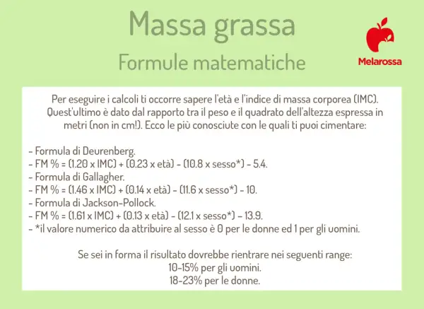 Guida per calcolare la massa grassa con formule matematiche: Deurenberg, Gallagher, Jackson-Pollock. Richiede età, IMC e sesso.