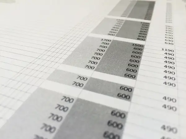Zbliżenie na arkusz kalkulacyjny Excel z widocznymi liczbami i siatką.