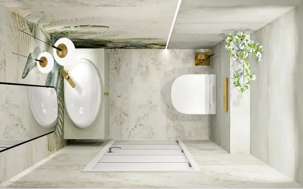 Eleganckie, bardzo małe wc aranżacje: umywalka, toaleta, prysznic i lustro w łazience z motywem tropikalnym.