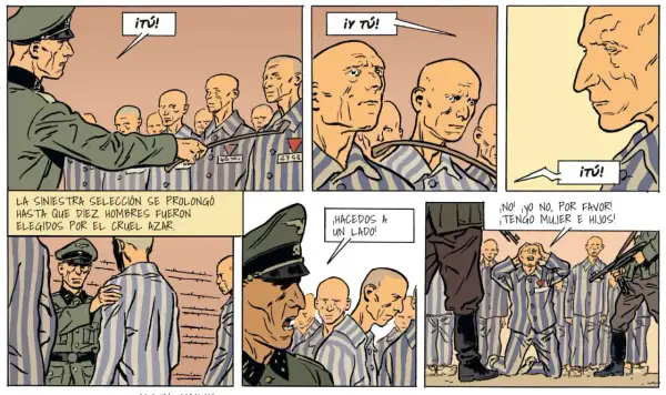 Komiks o Maksymilianie Kolbe: selekcja w obozie. Ciekawe, jak wyglądała jego ofiara.