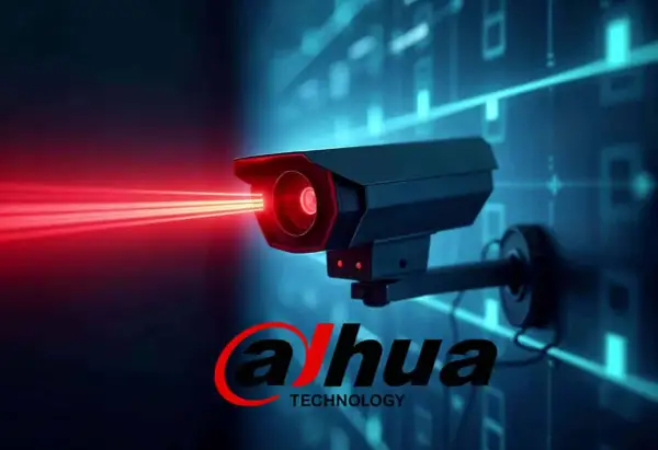 Caméra de surveillance Dahua Technology émettant des faisceaux rouges, sur fond bleu numérique.