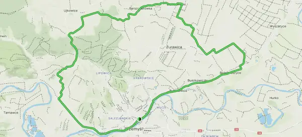 Mapa z zaznaczoną zieloną pętlą - forteczna trasa rowerowa wokół Przemyśla.