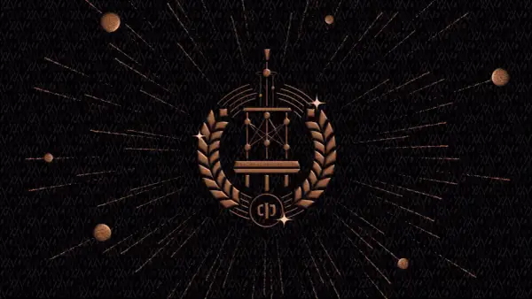 Das **Fusion Festival Logo** mit einem stilisierten Netzwerk im Lorbeerkranz, umgeben von Sternen und Strahlen.