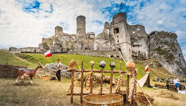 Zamek Ogrodzieniec w całej okazałości, z kozą i historycznymi rekwizytami. Trasa turystyczna zachęca do zwiedzania.