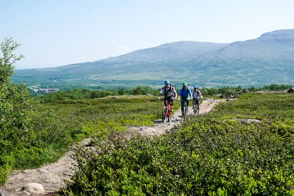 Tre cyklister på stig nära Blåhammaren Storulvån, med fjäll i bakgrunden.