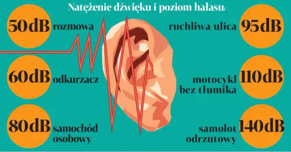 Ilustracja pokazuje różne poziomy głośności dźwięku: rozmowa (50 dB), odkurzacz (60 dB), samochód (80 dB), ruchliwa ulica (95 dB), motocykl bez tłumika (110 dB) i samolot odrzutowy (140 dB).