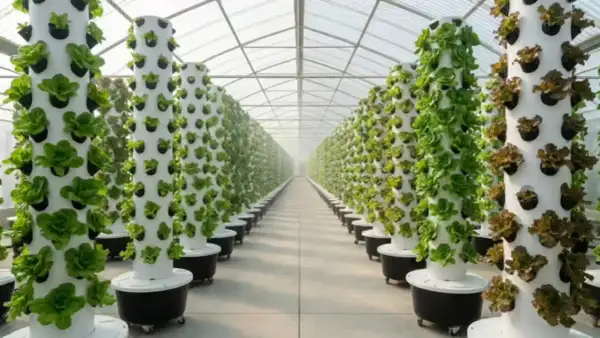 File di torri verticali con lattuga in una serra, un esempio di advanced hydroponics.