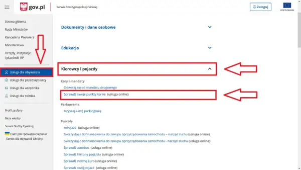 Na stronie gov.pl, w sekcji "Usługi dla obywatela", znajduje się opcja "Kierowcy i pojazdy". Można tam sprawdzić swoje punkty karne online, co jest częścią profilu kierowcy online.