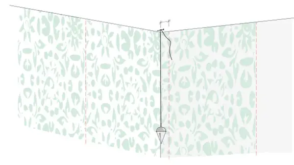 Hjälpmedel för att tapetsera non woven. En lodlinje hänger från taket för att säkerställa en rak tapetkant.