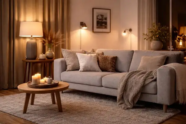 Mysig soffa med kuddar och pläd. En golvlampa bakom soffan ger ett varmt sken. Ljus och dekorationer på soffbordet.