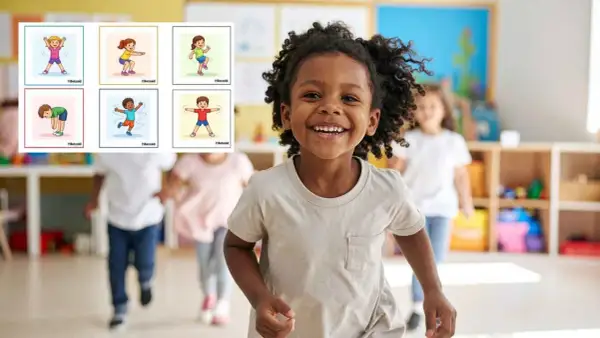 Fröhliche Kinder in einem Klassenzimmer, umgeben von Illustrationen für **Bewegungsspiele Grundschule**.