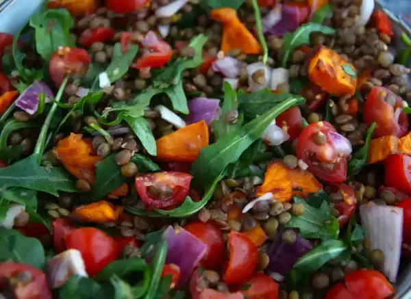 Salade colorée de lentilles vertes, tomates cerises, oignons rouges et roquette. Un plat sain et savoureux.