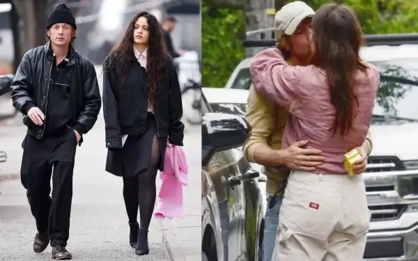 Rosalía y Jeremy Allen, capturados en dos momentos: paseando juntos y compartiendo un tierno beso.