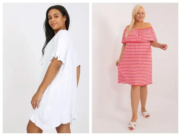 Dwie kobiety w sukienkach plus size: jedna w białej z falbankami, druga w czerwono-białe paski.
