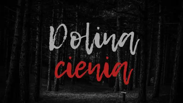 Mroczny las, gdzie nawet w **psalm 23:4** nie ma cienia zła. Napis "Dolina cienia" wzywa do odwagi.