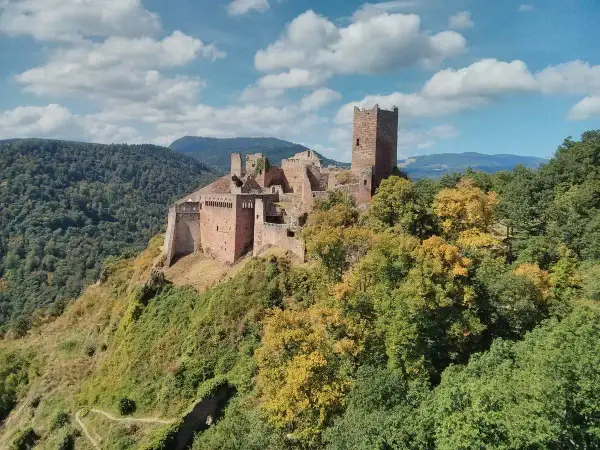 Les 3 châteaux de Ribeauvillé, perchés sur une colline boisée, se dressent fièrement sous un ciel bleu parsemé de nuages.