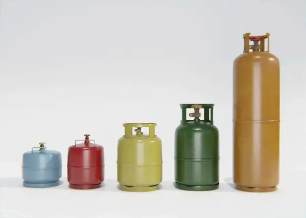 Cinq bonbonnes de gaz de tailles et couleurs variées, du bleu au brun, pour le butane ou le propane.
