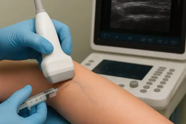 Lekarz wykonuje skleroterapię pod kontrolą USG. Obserwacja obrazu USG może pomóc w wykryciu niepokojących objawów po skleroterapii.