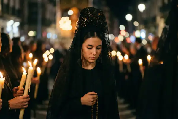 Joven con mantilla negra y rosario, participando en una procesión nocturna. El protocolo para vestir de mantilla se respeta.