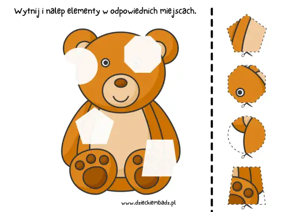 Dzień misia pomysły: wycinanka z misiem do uzupełnienia. Dzieci wycinają i dopasowują kształty, by stworzyć całą zabawkę.