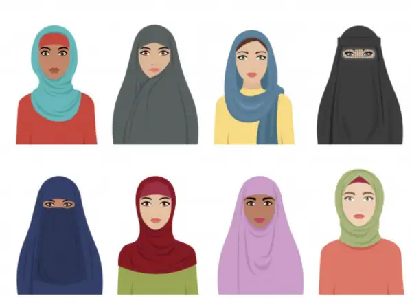Illustration av åtta kvinnor med olika typer av muslimsk huvudbonad, från hijab till niqab.