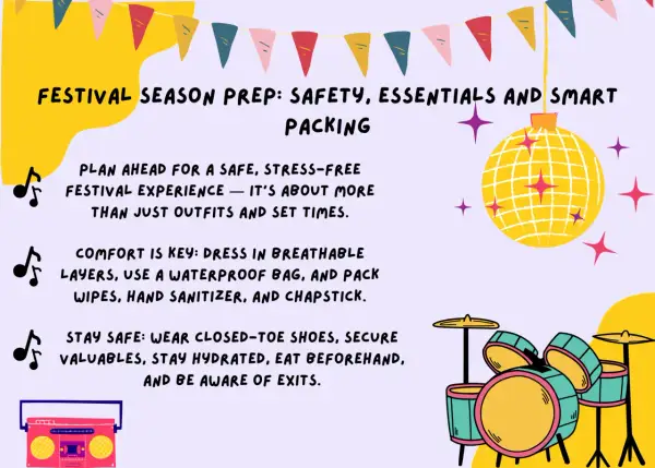 Festival prep tips: what to bring for comfort & safety. Includes essentials like breathable layers, waterproof bags, sanitizer, and closed-toe shoes for a stress-free experience.