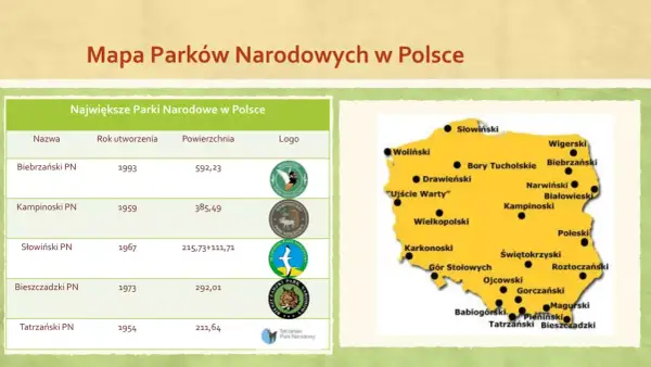 Mapa pokazuje, ile jest parków narodowych w Polsce, z zaznaczonymi największymi i ich lokalizacją.