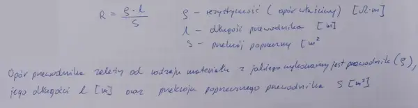 Ręcznie napisany wzór na opór elektryczny R = ρ·l/S z definicjami symboli.