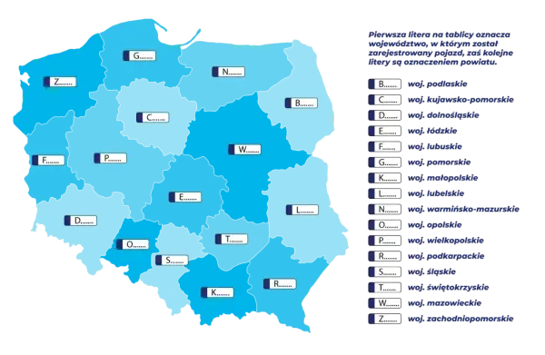 Mapa Polski z literami oznaczającymi województwa i powiaty, klucz do lz rejestracja.