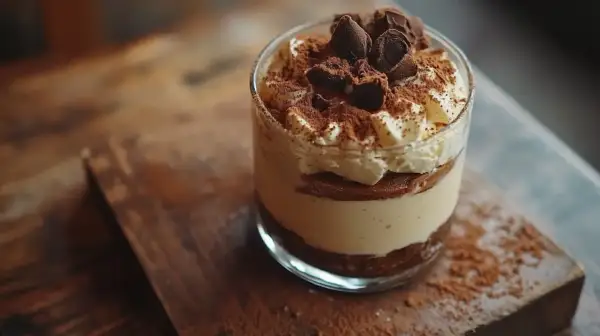Pyszne tiramisu w szklance, z warstwami kremu, kawy i biszkoptów do tiramisu, posypane kakao i czekoladą.