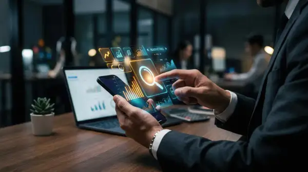 Mann mit Smartphone und Laptop, der die **Immobilien Digitalisierung** mit interaktiven Grafiken und Suchfunktionen vorantreibt.