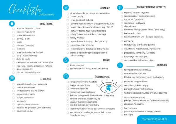 Lista na wyjazd: odzież, dokumenty, kosmetyki, leki, elektronika i rzeczy dodatkowe. Sprawdź, czy masz wszystko!