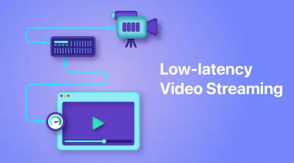 A camera feeds into a server, which then sends data to a player for low-latency video streaming.