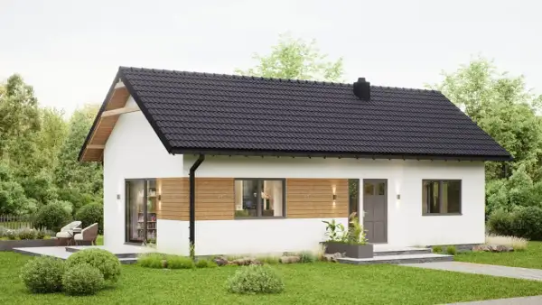 Nowoczesny dom 70m2 pod klucz, z drewnianymi elementami i dużymi oknami. Idealny dla rodziny, koszt budowy przystępny.