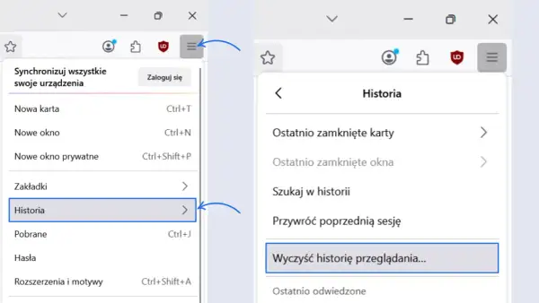 Menu przeglądarki pokazuje, jak wyczyścić pamięć podręczną, wybierając "Historia", a następnie "Wyczyść historię przeglądania...".