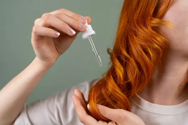 Manos aplicando aceite en cabello pelirrojo. El hair oiling nutre y da brillo.
