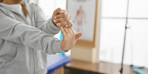 Person stretchar handleden för musarm behandling.