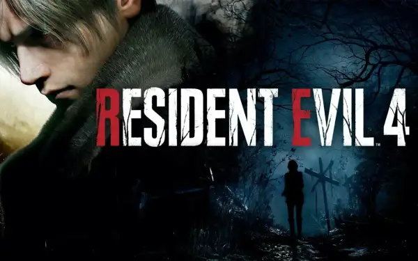 Leon Kennedy w mrocznym lesie. Obok tytuł gry Resident Evil 4, który może być częścią poradnika.