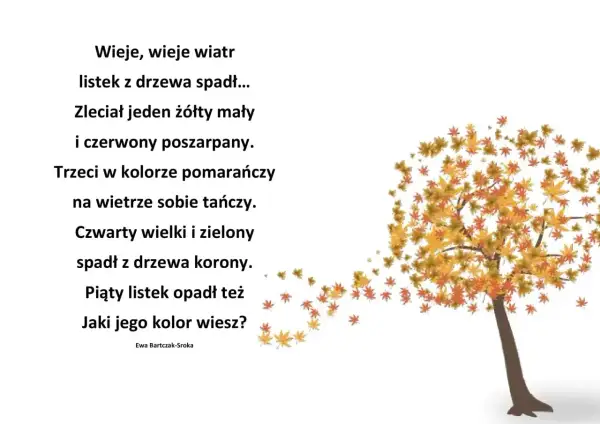 Wiersze o listopadzie: wiatr porwał liście z drzewa, tańczące w powietrzu w jesiennych barwach.