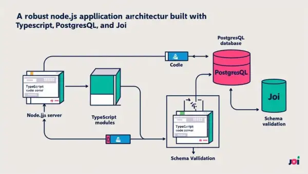 Architecture d'une application Node.js robuste avec TypeScript, PostgreSQL et Joi. Le serveur Node.js utilise TypeScript pour les modules et la validation de schéma.