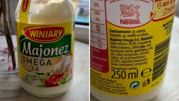 Słoik majonezu Winiary Omega 3:6, idealny do kanapek i sałatek.