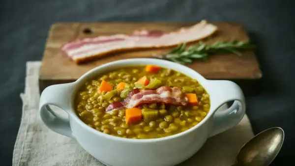 Bol de soupe de lentilles aux carottes et lardons, garni d'une tranche de bacon croustillant.