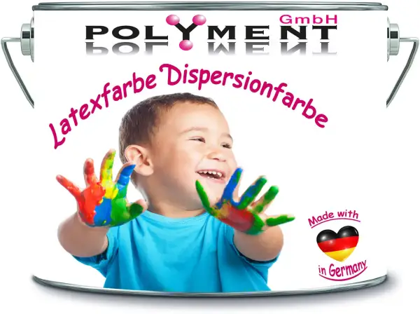 Radosny chłopiec z kolorowymi dłońmi, gotowy do malowania. Na puszce napis "Latexfarbe Dispersionfarbe".