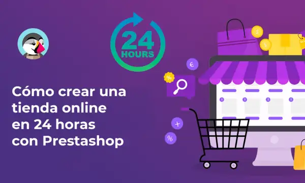 Ilustración para crear tienda online con Prestashop en 24 horas. Carrito de compras, pantalla de ordenador con productos y bolsas.