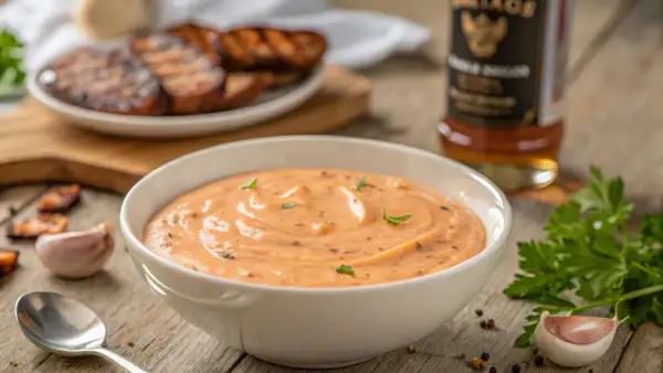 Cremige griechische Metaxasauce in einer Schüssel, daneben gegrilltes Fleisch, Knoblauch und Petersilie.