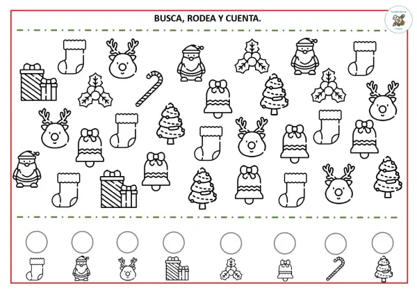 Fichas de Navidad para imprimir: busca, rodea y cuenta renos, Papá Noel, calcetines, campanas, árboles, regalos y bastones de caramelo.