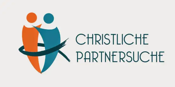 Zwei stilisierte Figuren, die sich umarmen, mit dem Text "Christliche Partnersuche". Eine App, die Christen bei der Partnersuche hilft.